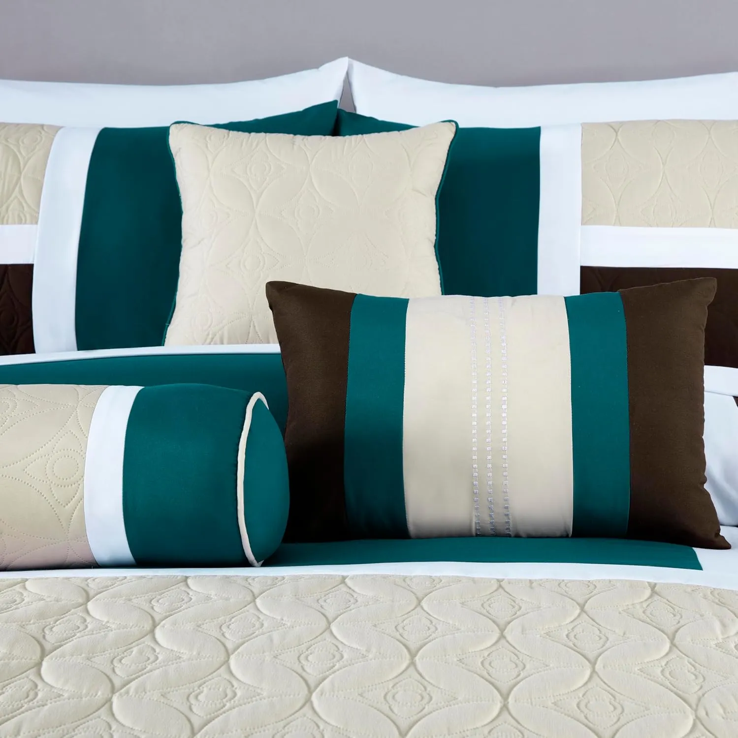 Chezmoi Collection Upland 7-Piece Quilted Patchwork Comforter Set, Teal/Beige/Brown, Queen