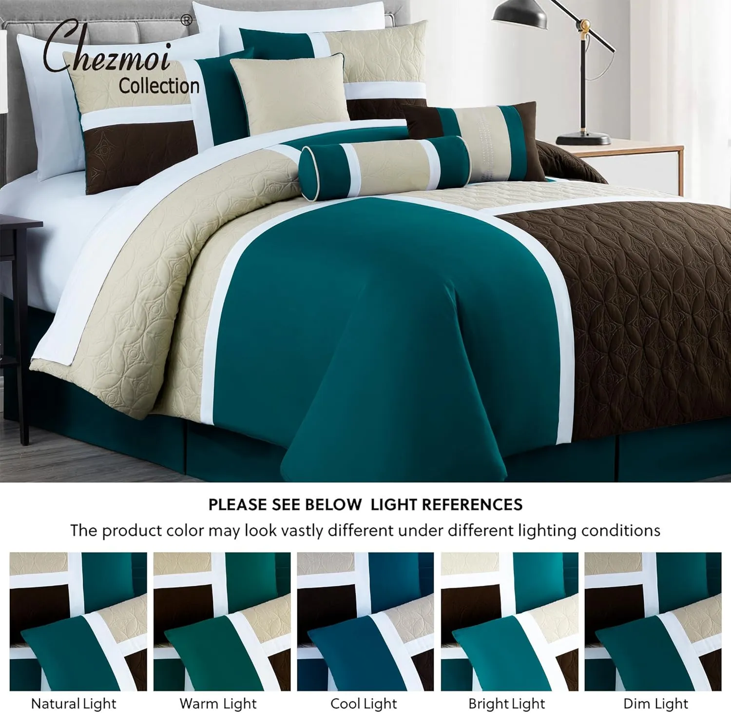 Chezmoi Collection Upland 7-Piece Quilted Patchwork Comforter Set, Teal/Beige/Brown, Queen