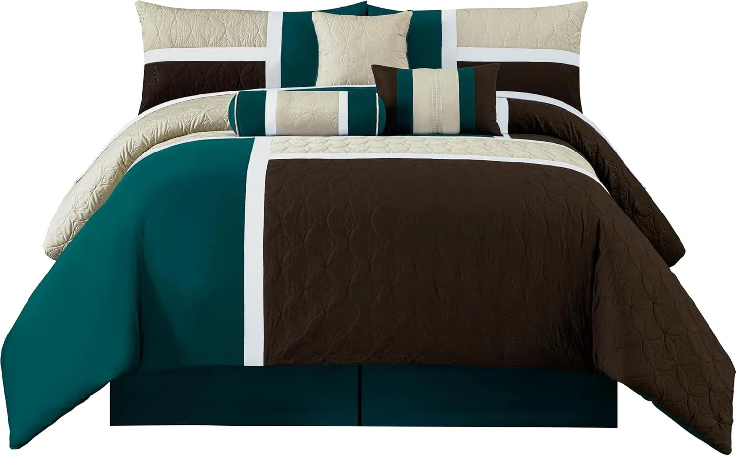 Chezmoi Collection Upland 7-Piece Quilted Patchwork Comforter Set, Teal/Beige/Brown, Queen