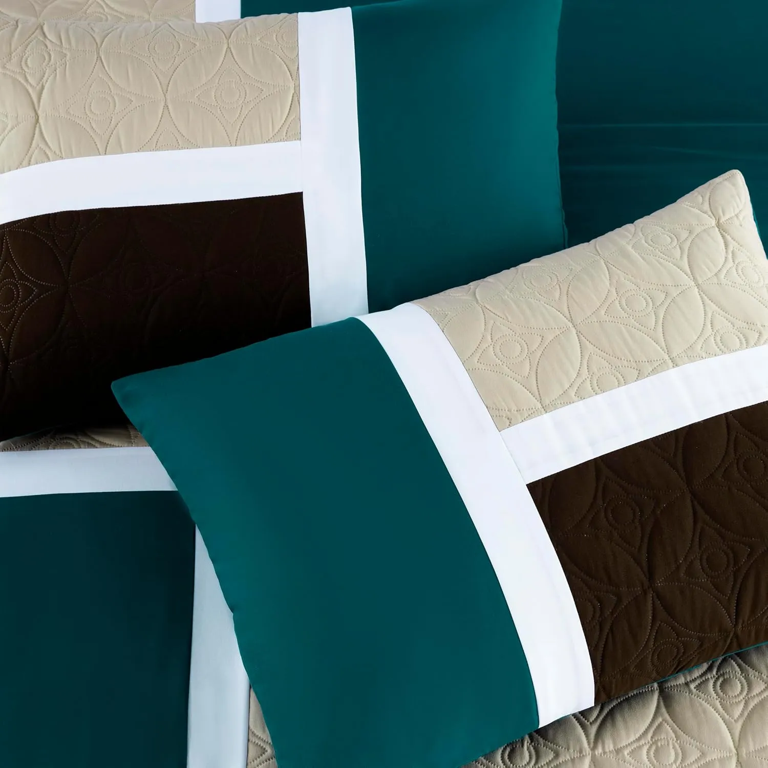 Chezmoi Collection Upland 7-Piece Quilted Patchwork Comforter Set, Teal/Beige/Brown, Queen