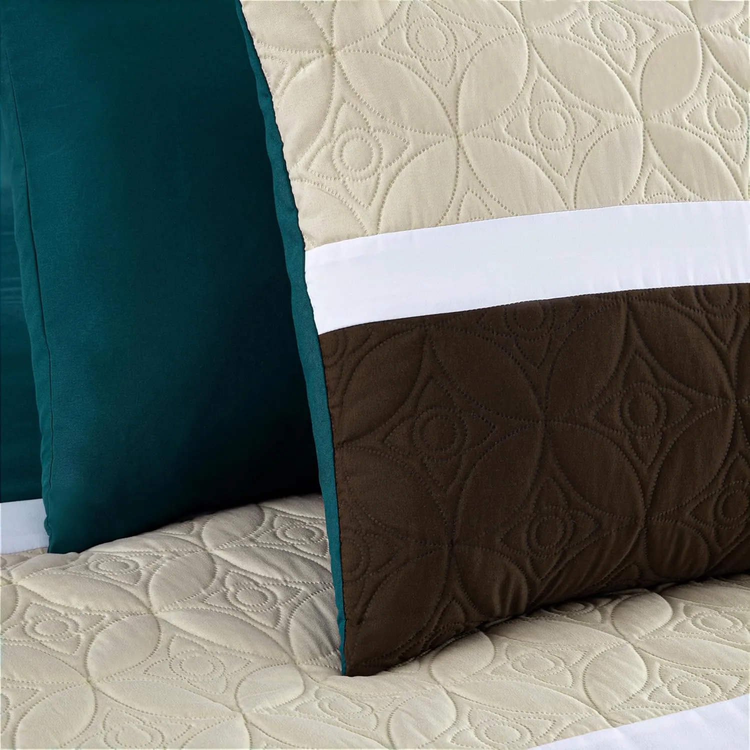 Chezmoi Collection Upland 7-Piece Quilted Patchwork Comforter Set, Teal/Beige/Brown, Queen