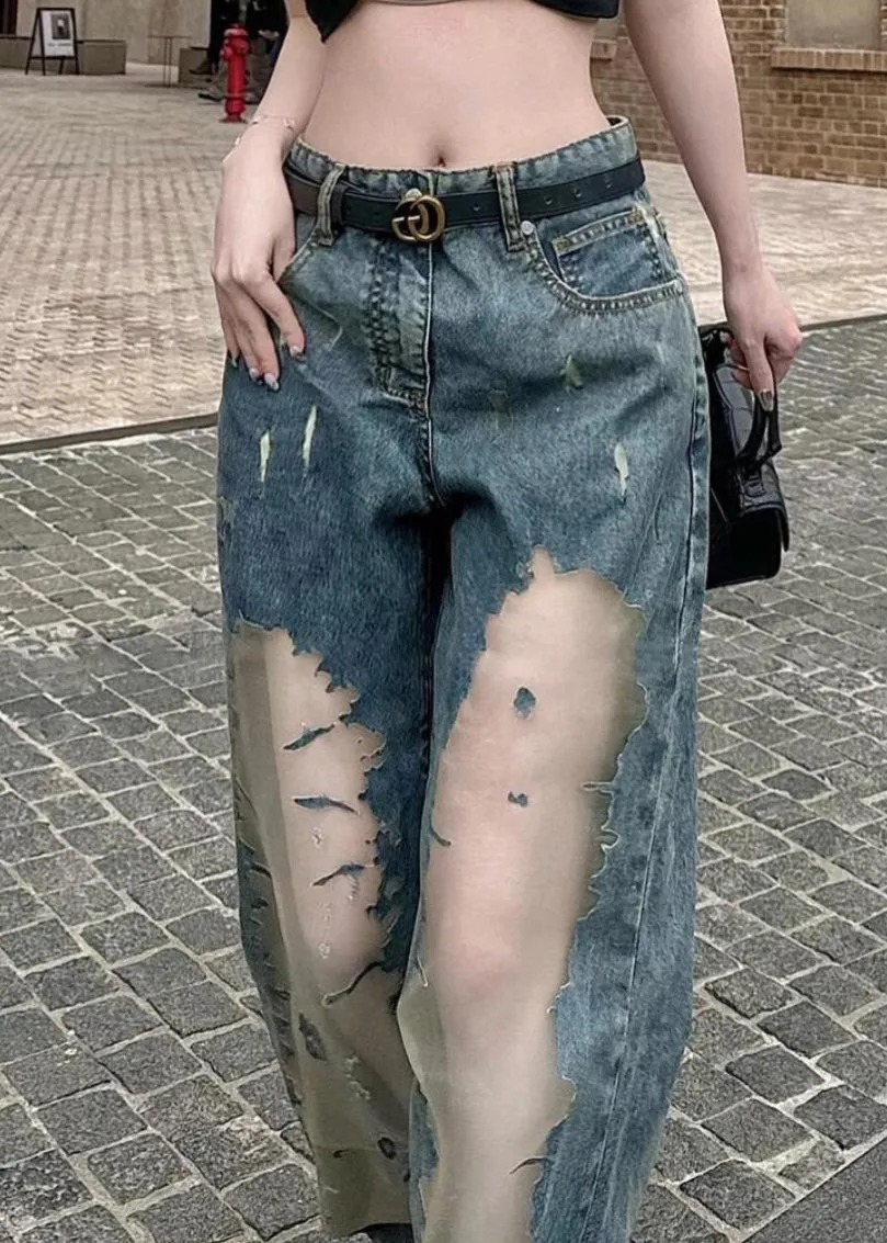 Chic Blue Hollow Out Patchwork Tulle Denim Straight Pants Spring YK032