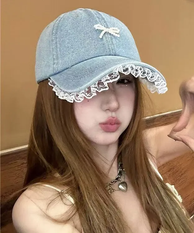Chic Blue Lace Bead Bow Patchwork Denim Baseball Cap Hat