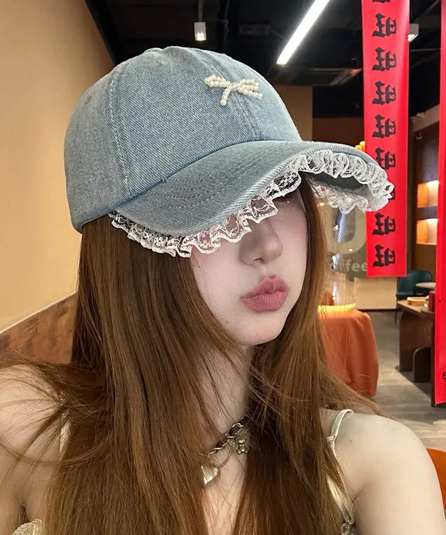 Chic Blue Lace Bead Bow Patchwork Denim Baseball Cap Hat
