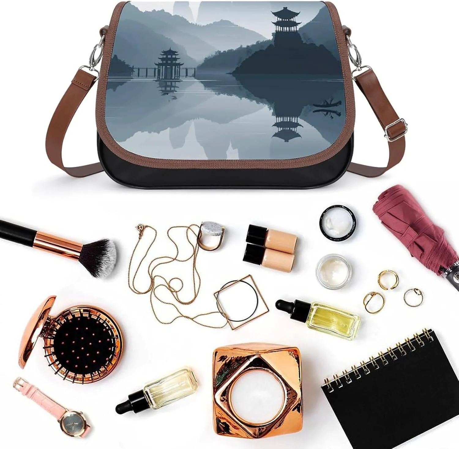 Chinese Style Landscape Crossbody Bags for Women Travel Shoulder Bag Small Leather Cross Body Handbags