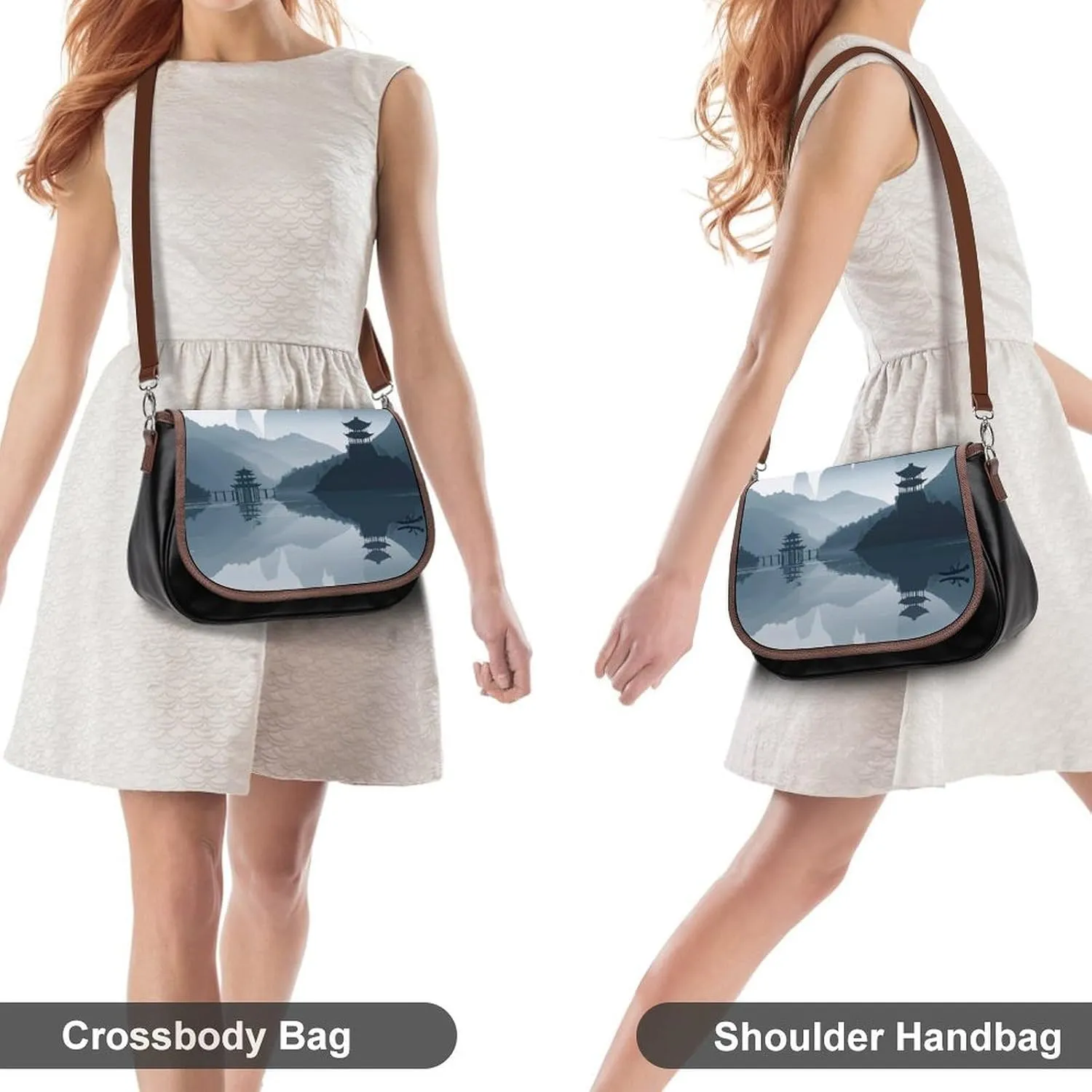 Chinese Style Landscape Crossbody Bags for Women Travel Shoulder Bag Small Leather Cross Body Handbags