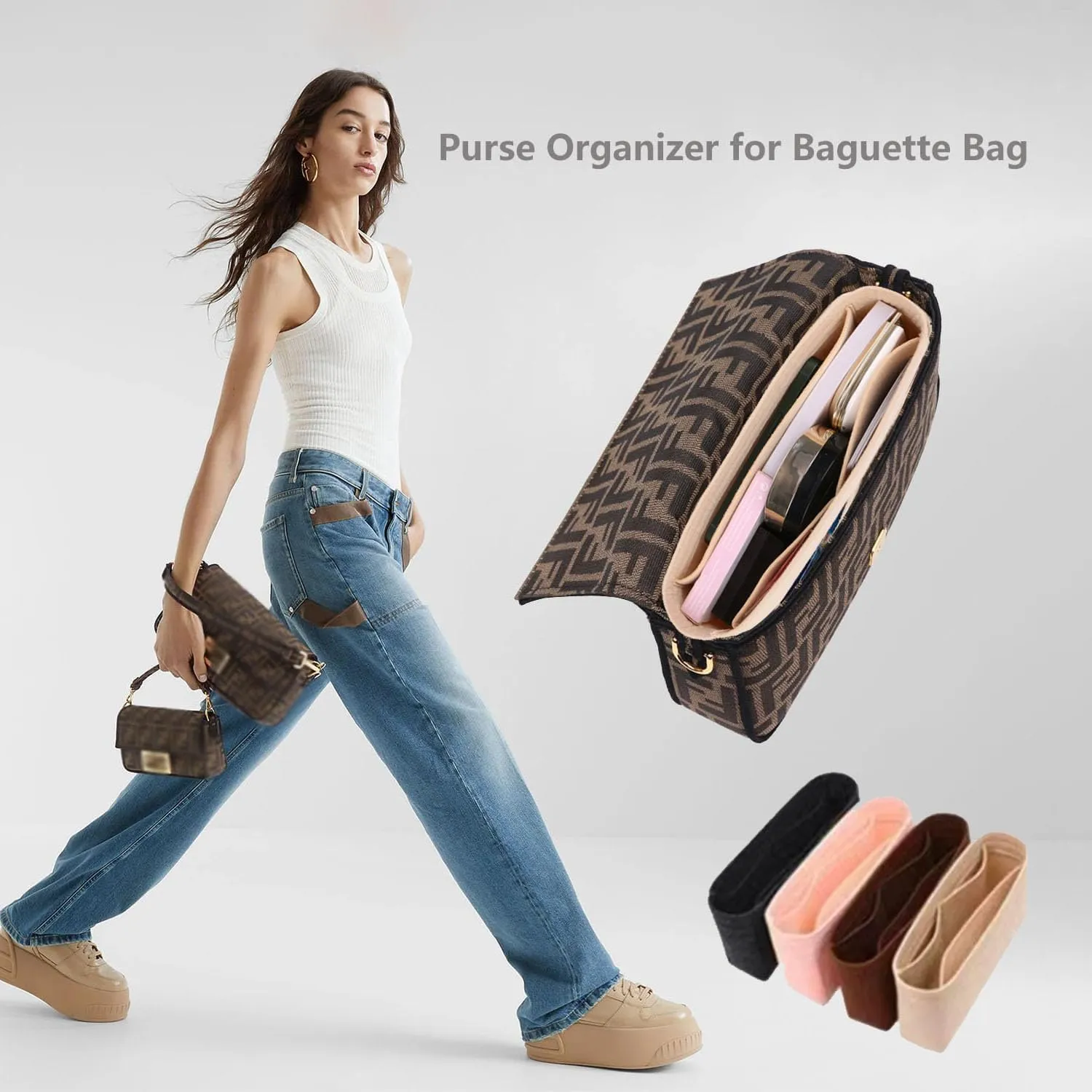 Chispee Purse Organizer Insert for Handbags, Softened Felt Insert Bag Organizer for Tote, Handbag Organizer with Pocket fit for Baguette, Longchamp (Mini, Dark grey)