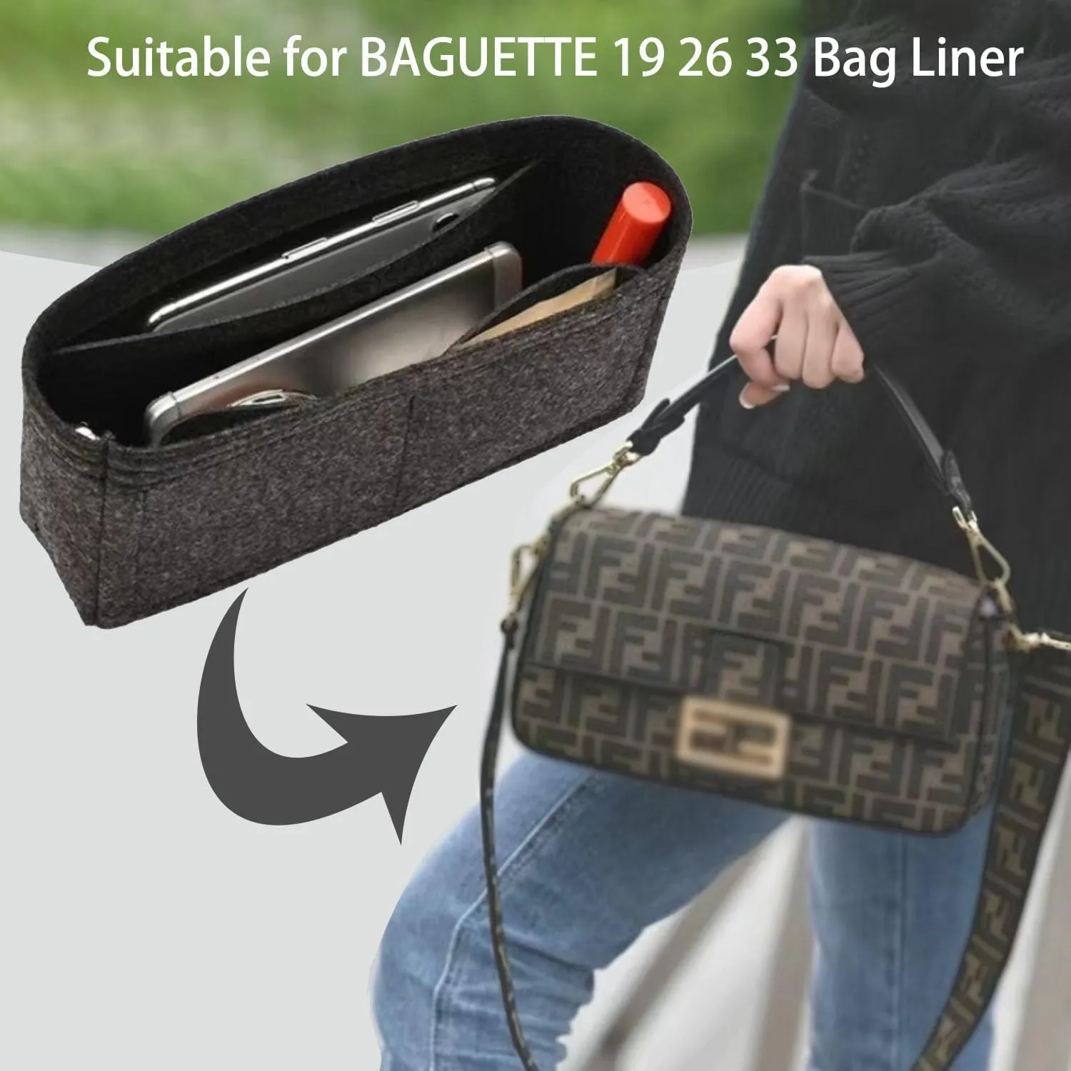 Chispee Purse Organizer Insert for Handbags, Softened Felt Insert Bag Organizer for Tote, Handbag Organizer with Pocket fit for Baguette, Longchamp (Mini, Dark grey)