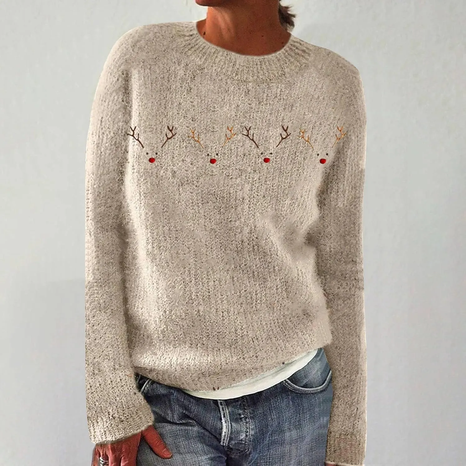 Christmas Jumpers for Women Winter Fair Isle Xmas Reindeer Print Knitted Sweater Casual Retro Crewneck Pullover Tops