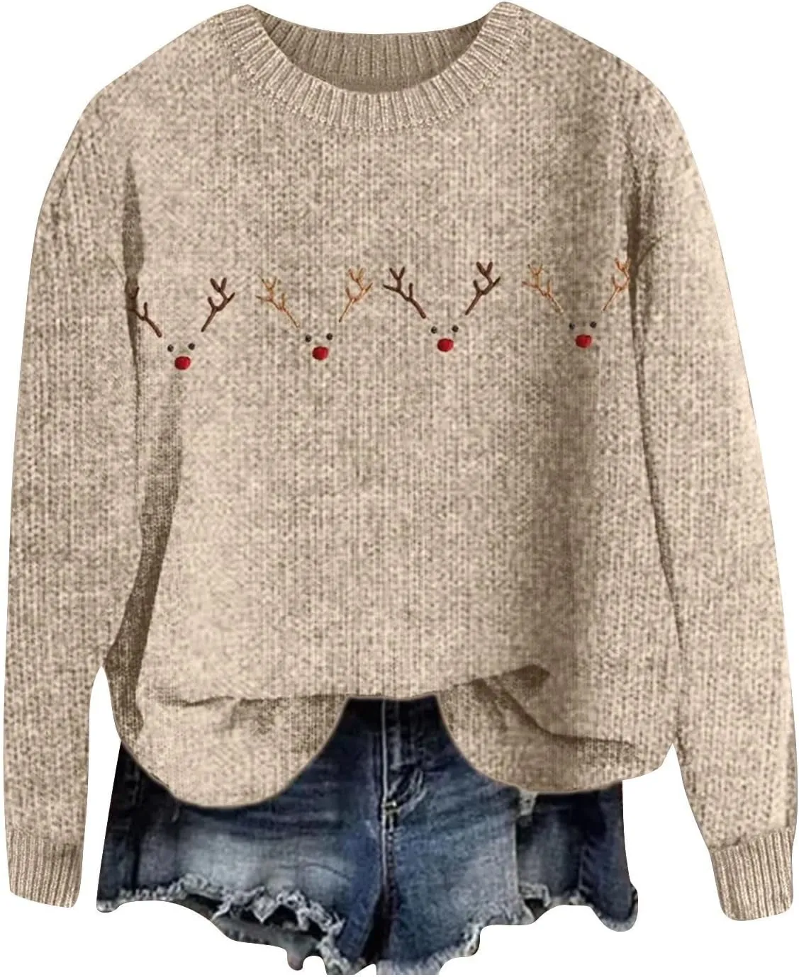 Christmas Jumpers for Women Winter Fair Isle Xmas Reindeer Print Knitted Sweater Casual Retro Crewneck Pullover Tops
