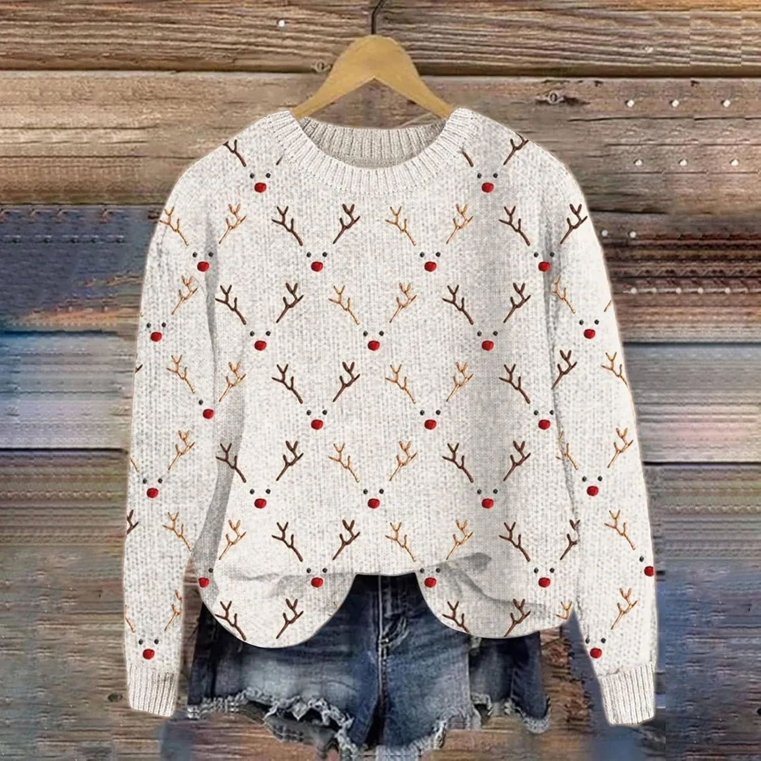 Christmas Jumpers for Women Winter Fair Isle Xmas Reindeer Print Knitted Sweater Casual Retro Crewneck Pullover Tops