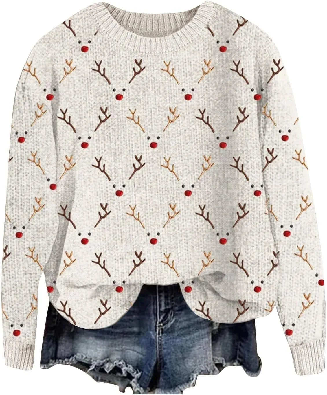 Christmas Jumpers for Women Winter Fair Isle Xmas Reindeer Print Knitted Sweater Casual Retro Crewneck Pullover Tops