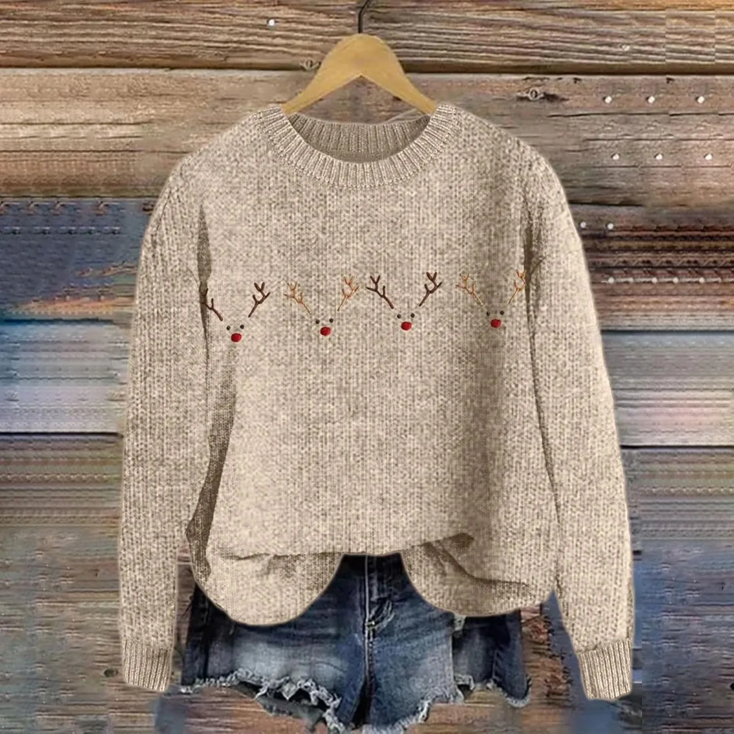 Christmas Jumpers for Women Winter Fair Isle Xmas Reindeer Print Knitted Sweater Casual Retro Crewneck Pullover Tops