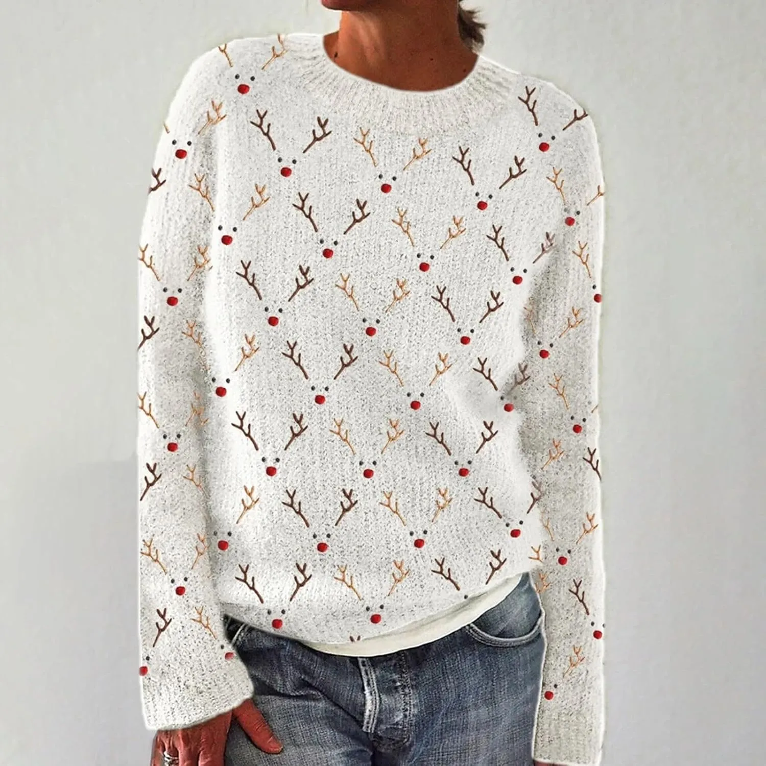 Christmas Jumpers for Women Winter Fair Isle Xmas Reindeer Print Knitted Sweater Casual Retro Crewneck Pullover Tops