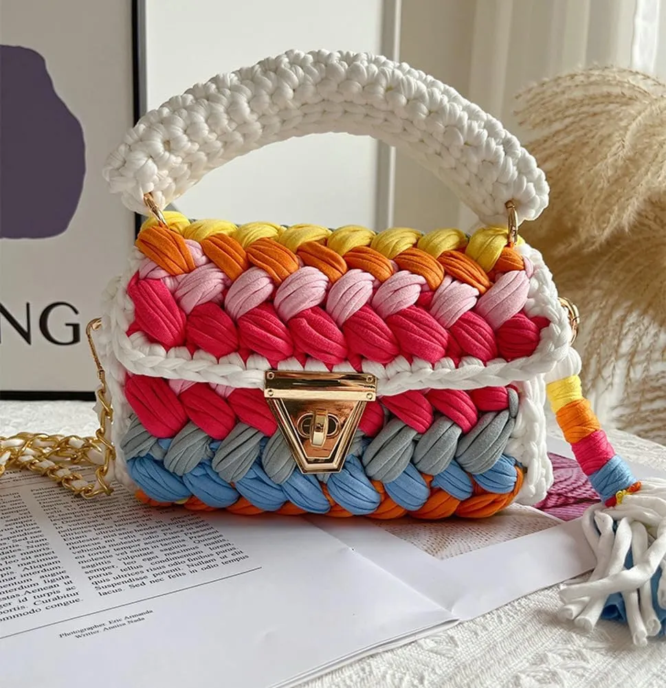 Chunky Yarn Knit Crochet Tote Purse Crossbody Bags for Women - Handwoven Evening Clutch Flap Shoulder Bag