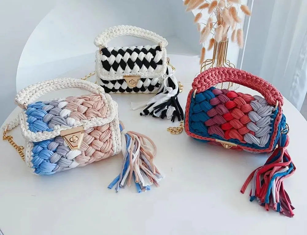 Chunky Yarn Knit Crochet Tote Purse Crossbody Bags for Women - Handwoven Evening Clutch Flap Shoulder Bag
