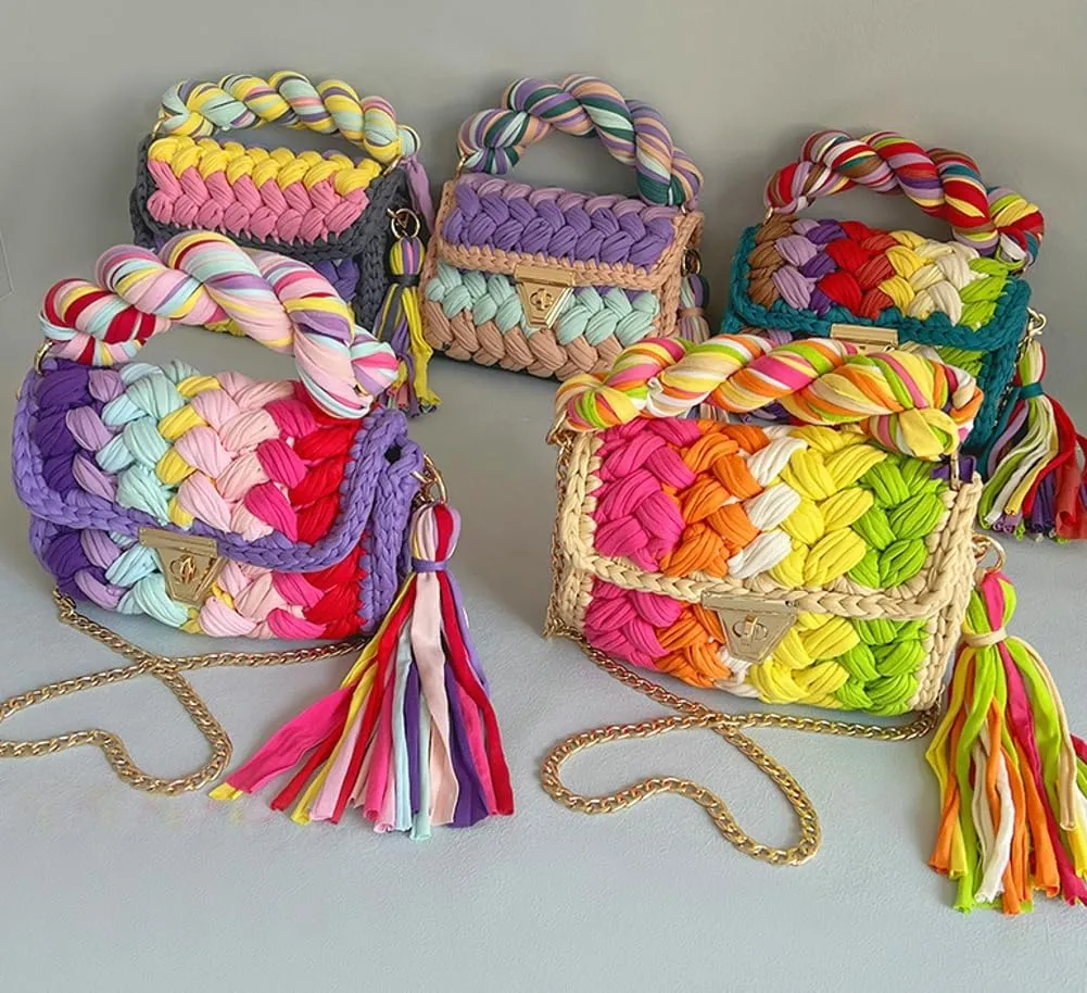 Chunky Yarn Knit Crochet Tote Purse Crossbody Bags for Women - Handwoven Evening Clutch Flap Shoulder Bag