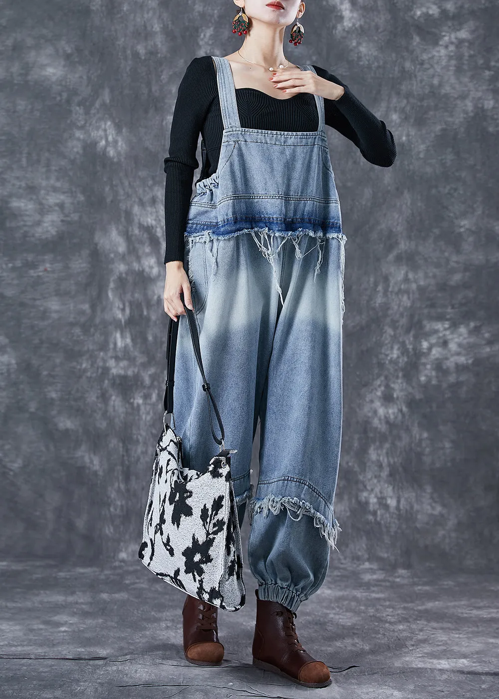 Classy Blue Oversized Patchwork Denim Jumpsuit