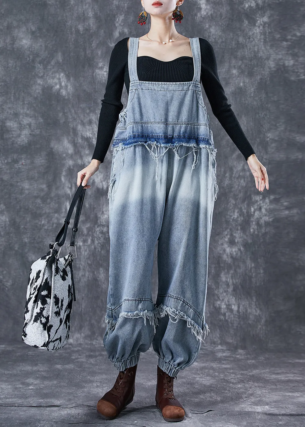 Classy Blue Oversized Patchwork Denim Jumpsuit