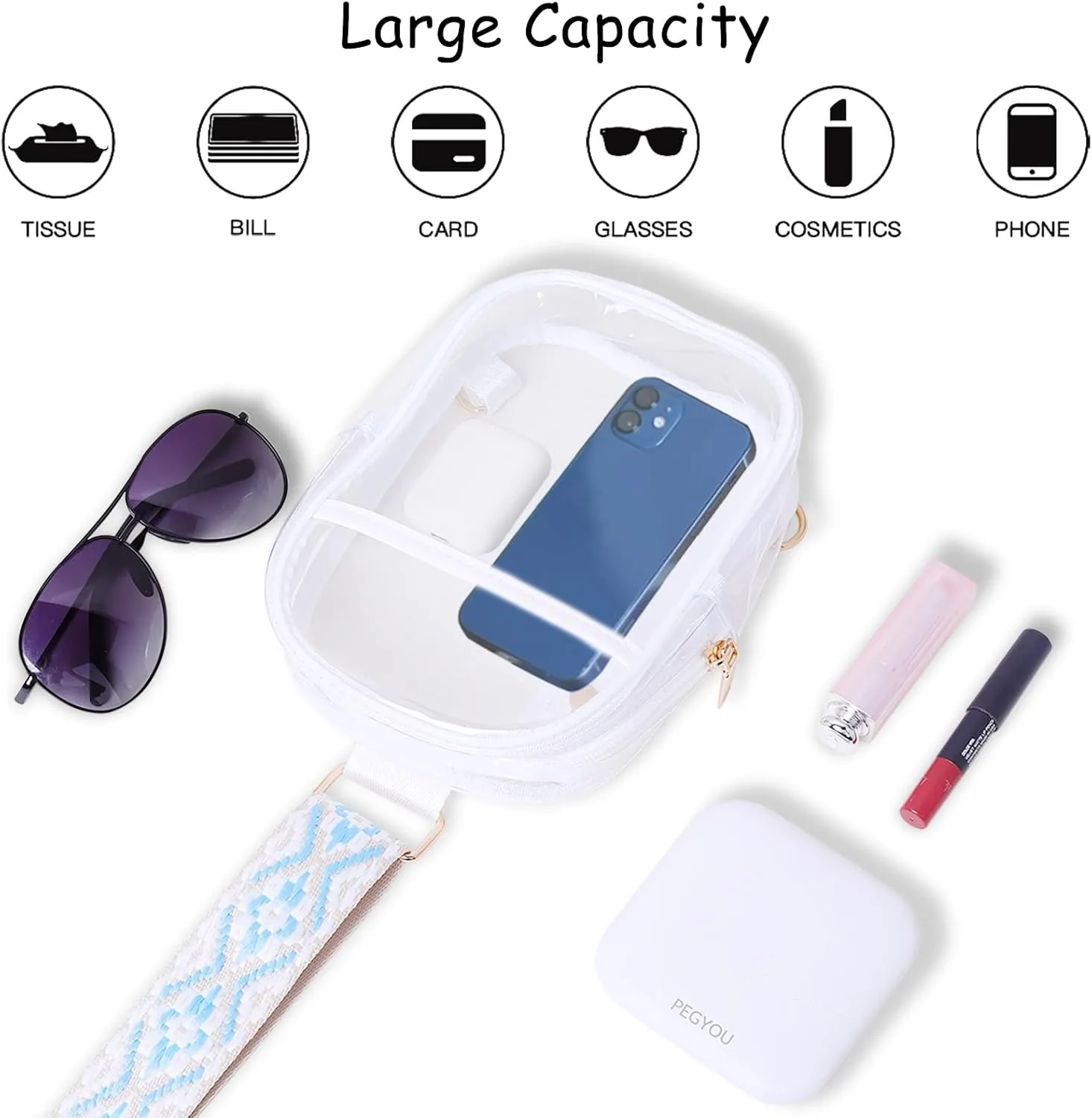 Clear Crossbody Bag for Stadium Events, Stadium Approved Clear Sling Bags for Game Day, Concerts