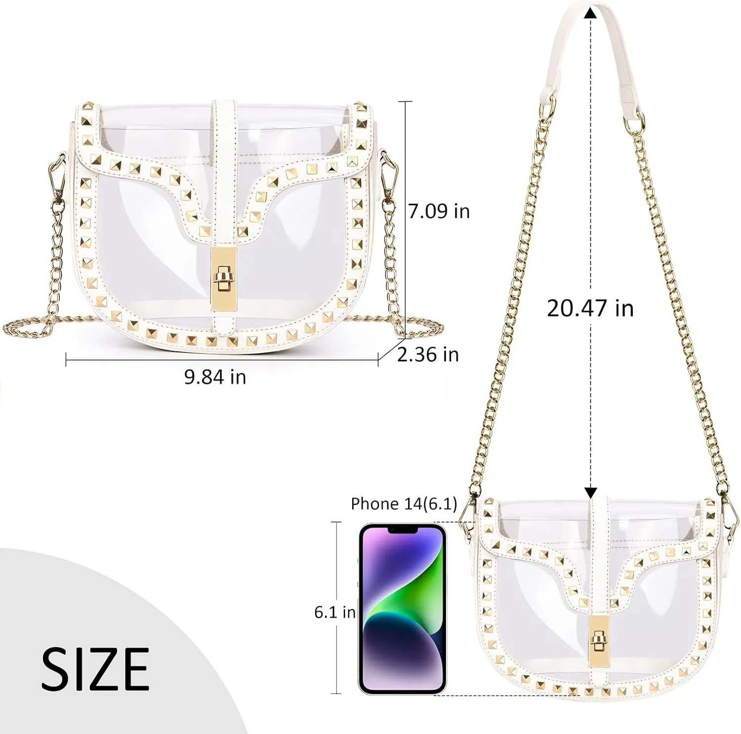 Clear Crossbody Bag for Women Stadium Approved- Vegan Leather See-Through Purse with Zipper, Stylish PVC Studded Should Bag