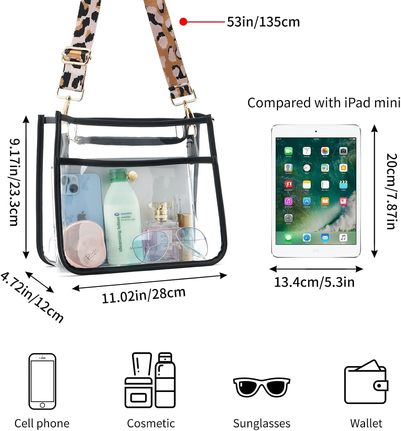 Clear Crossbody Bag Stadium Approved, Adjustable Shoulder Strap Clear Purse Bag for Concerts Sports Events Festivals