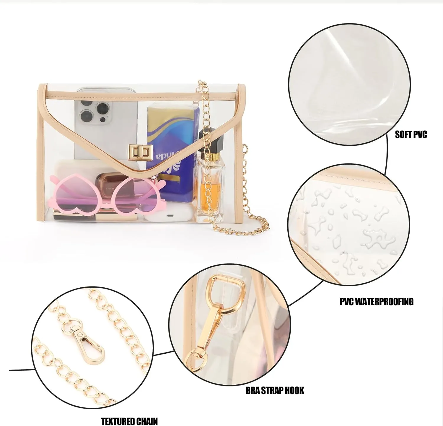 Clear Purse for Women Stadium Approved, PVC Clear Crossbody Bag Transparent Bag for Stadium Events Concerts