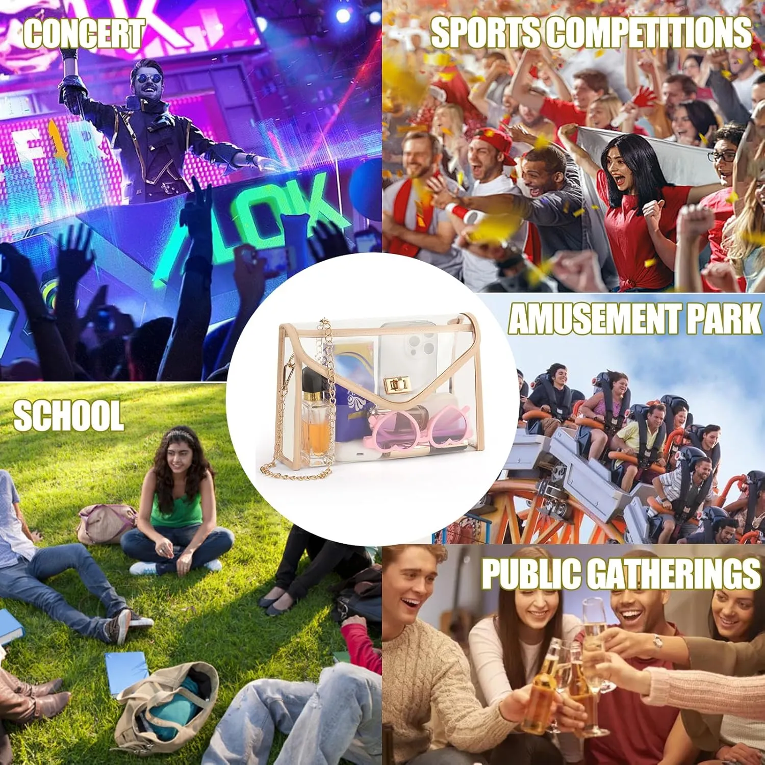 Clear Purse for Women Stadium Approved, PVC Clear Crossbody Bag Transparent Bag for Stadium Events Concerts