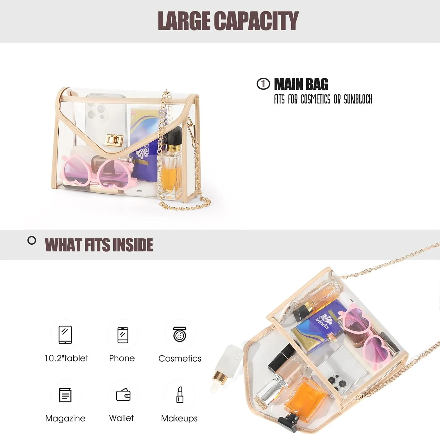 Clear Purse for Women Stadium Approved, PVC Clear Crossbody Bag Transparent Bag for Stadium Events Concerts