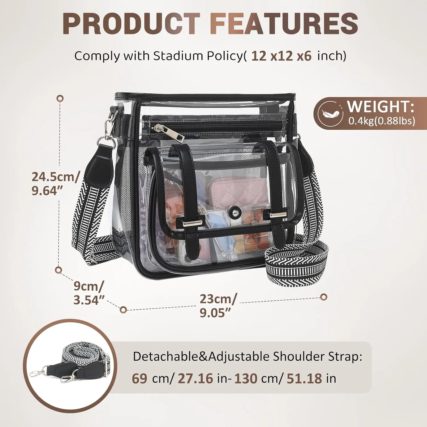 Clear Purse, PVC Clear Crossbody Bags for Women Heavy Duty Transparent Bag for Stadium Events See Through Concert Bag