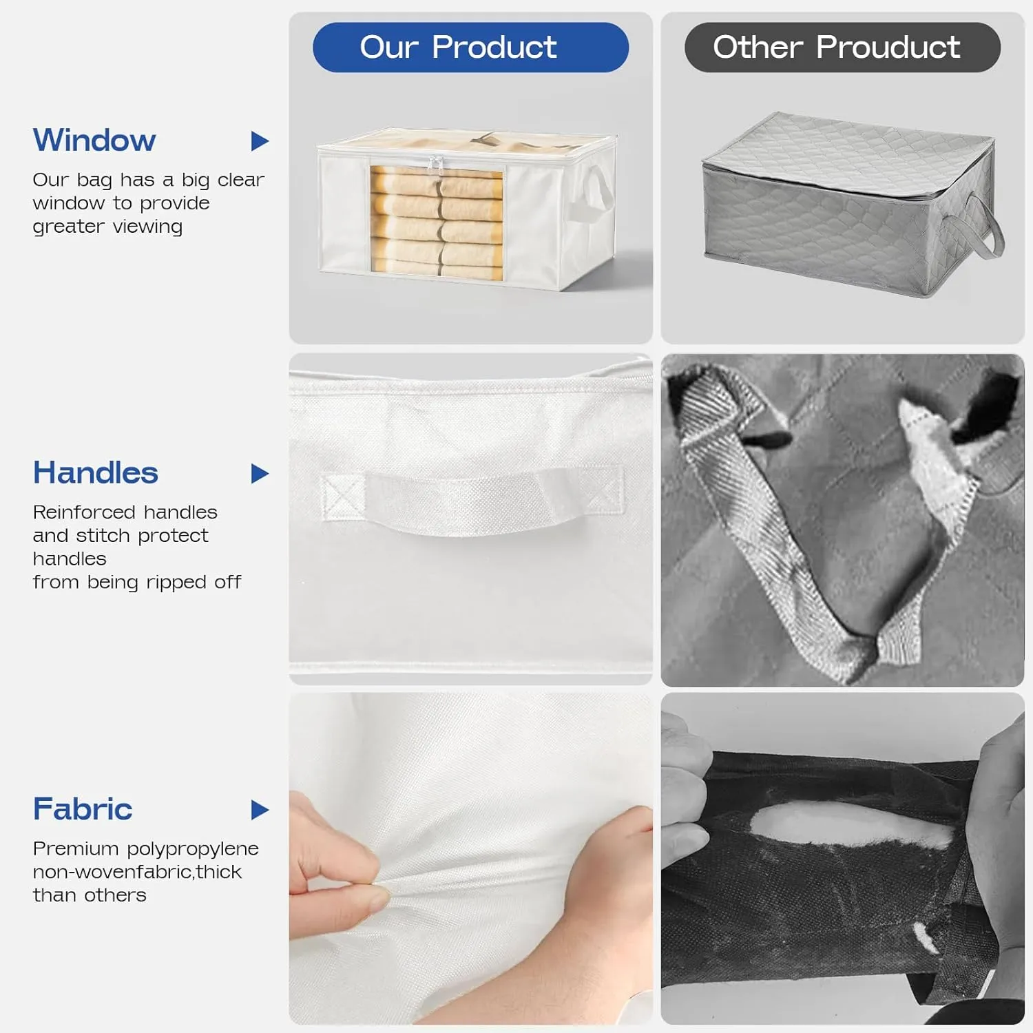 Clothes Storage Bags, Foldable Thick Fabric Blanket Storage Bags, Large Clear Window & Carry Handles, Great for Clothes, Blankets, Closets, Pillows, Toys (White, 4PACK)