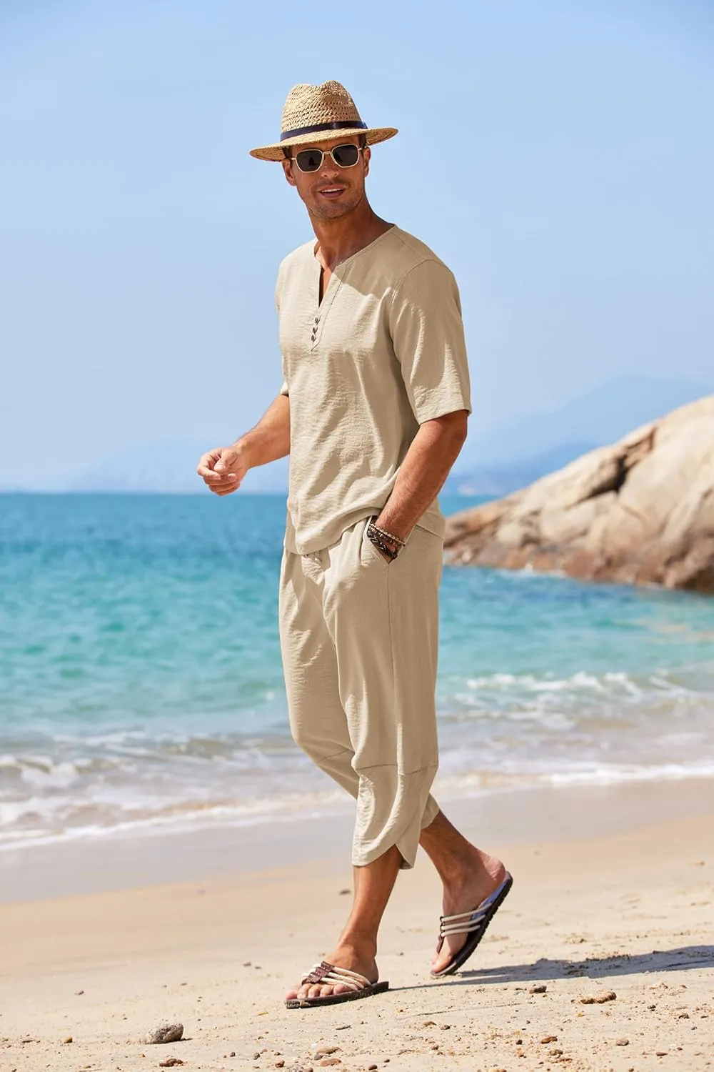 COOFANDY Men's 2 Pieces Linen Set Henley Shirt Short Sleeve and Harem Capri Pants Wide Leg Baggy Beach Yoga Trousers Outfits