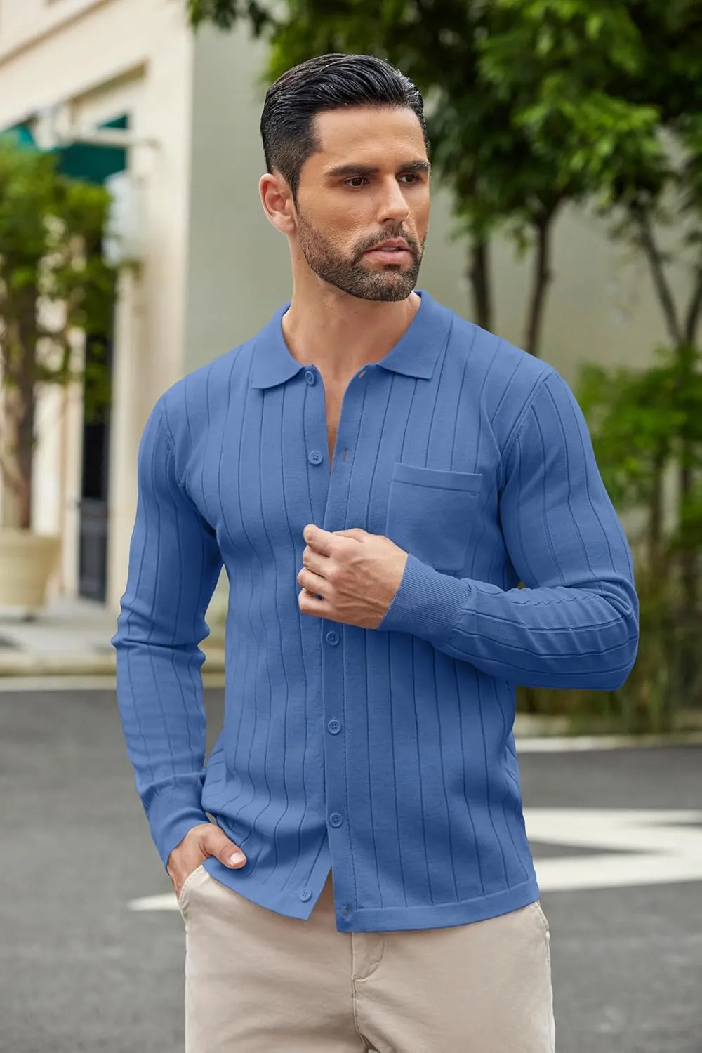 COOFANDY Men's Casual Knit Polo Shirts Long Sleeve Button Down Sweater Polo Ribbed Cardigan Sweater with Pocket