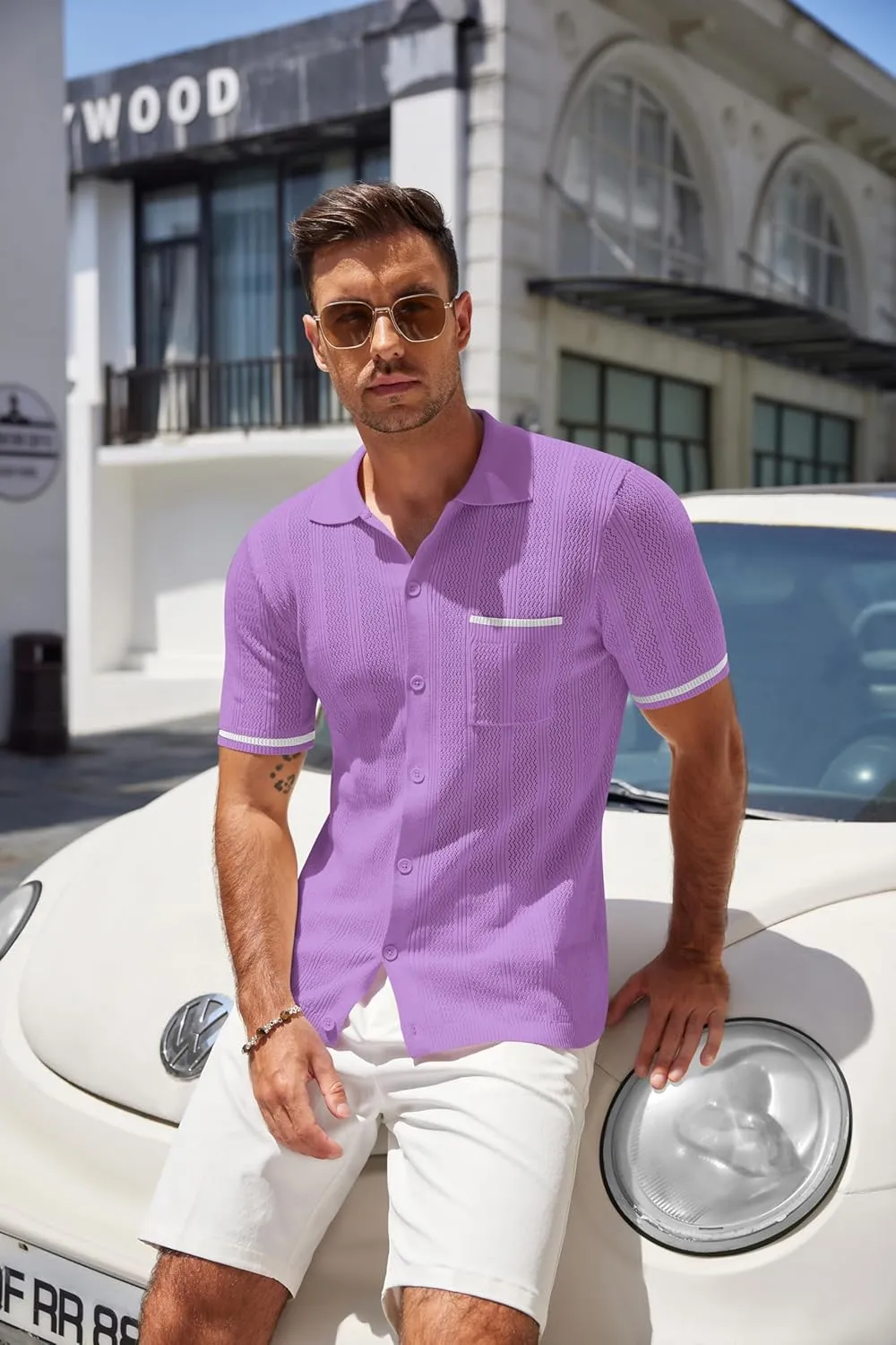 COOFANDY Men's Knit Button Down Shirt 2025 Vintage Short Sleeve Polo Shirt Casual Beach Tops