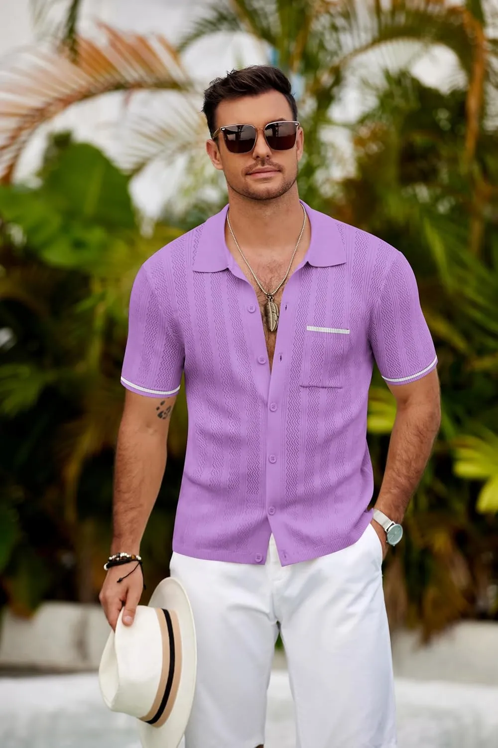 COOFANDY Men's Knit Button Down Shirt 2025 Vintage Short Sleeve Polo Shirt Casual Beach Tops