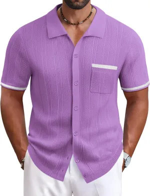 COOFANDY Men's Knit Button Down Shirt 2025 Vintage Short Sleeve Polo Shirt Casual Beach Tops