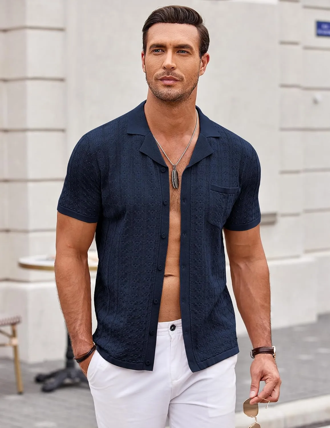 COOFANDY Men's Knit Button Down Shirt Short Sleeve Vintage Polo Shirts Summer Casual Beach Tops