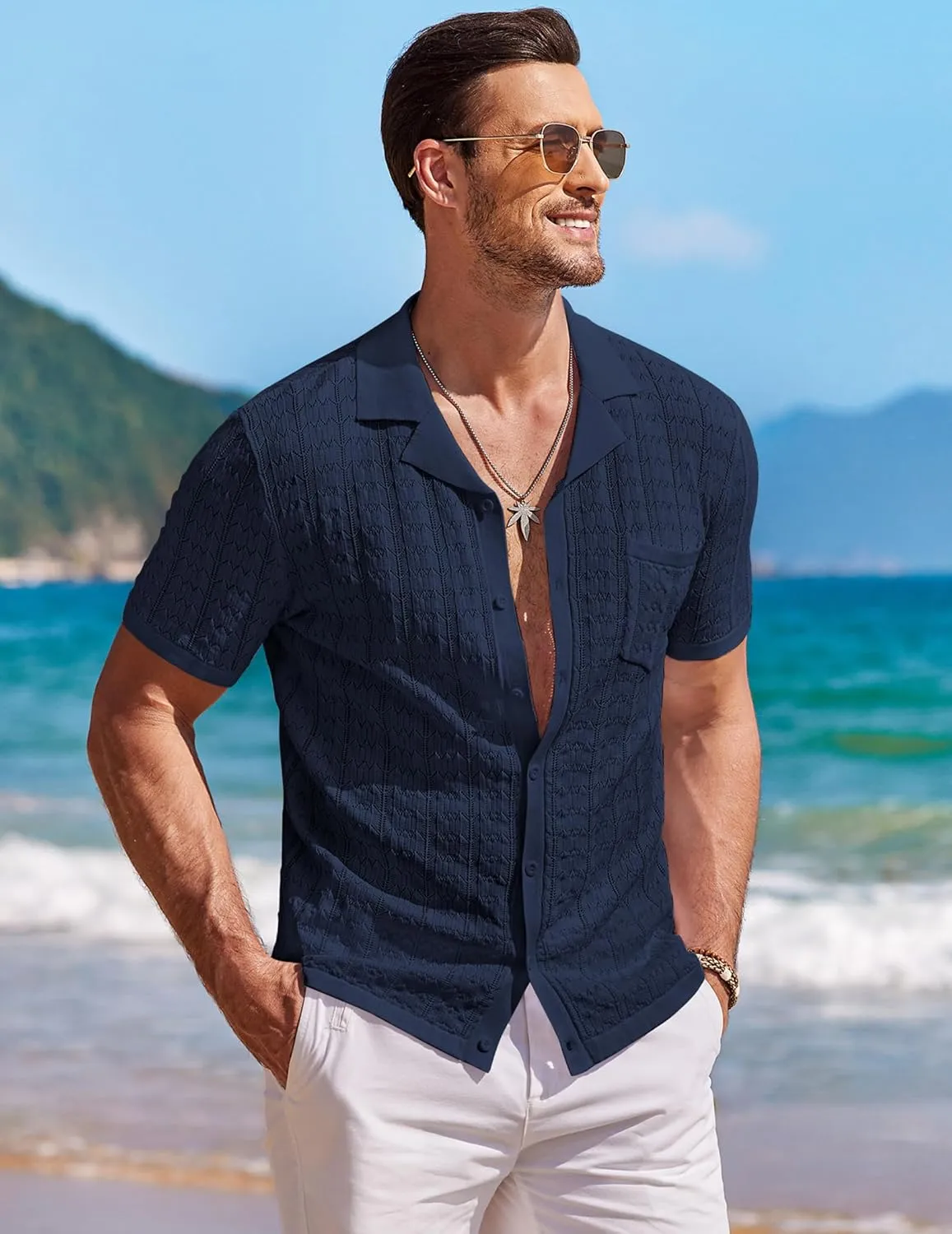 COOFANDY Men's Knit Button Down Shirt Short Sleeve Vintage Polo Shirts Summer Casual Beach Tops