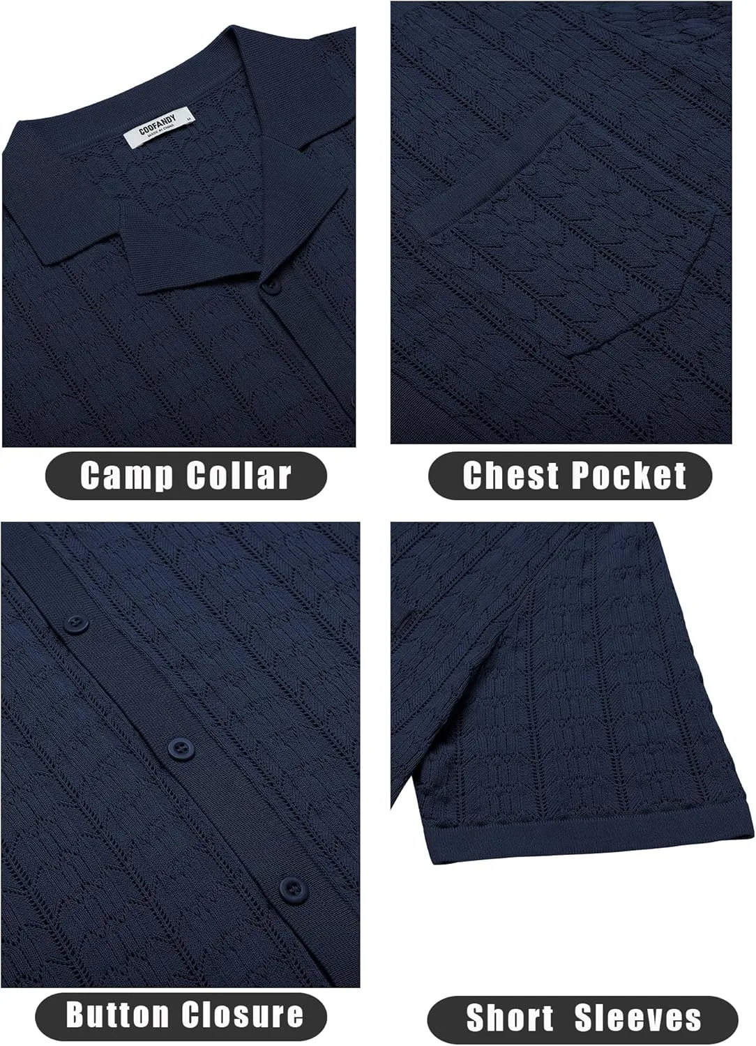 COOFANDY Men's Knit Button Down Shirt Short Sleeve Vintage Polo Shirts Summer Casual Beach Tops