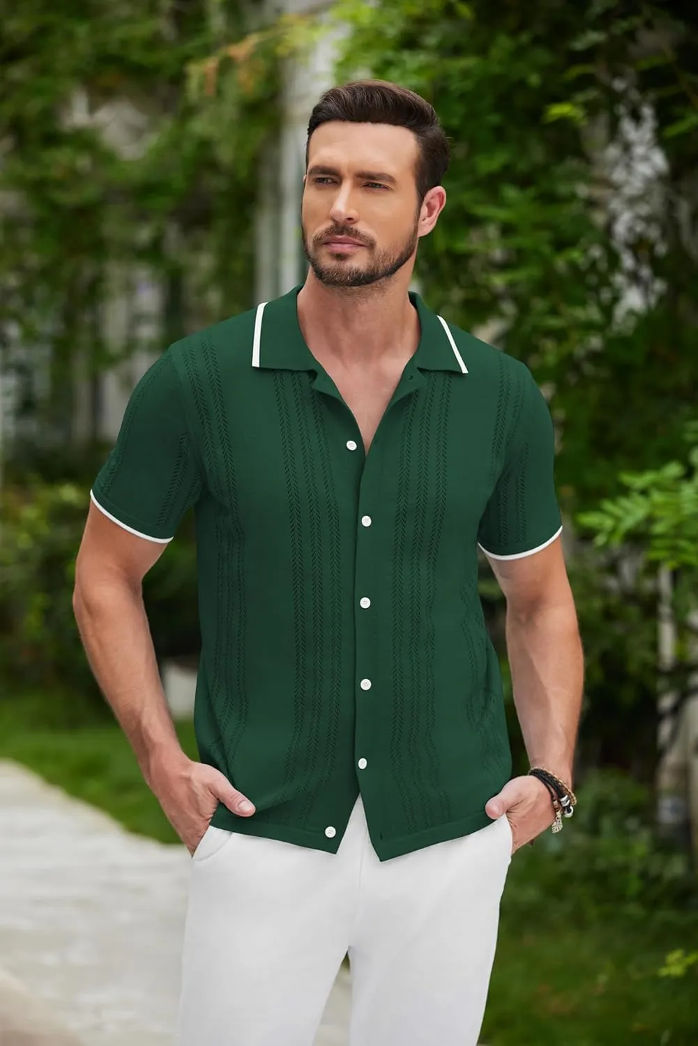 COOFANDY Men's Knit Button Down Shirt Vintage Short Sleeve Polo Shirts Casual Beach Tops