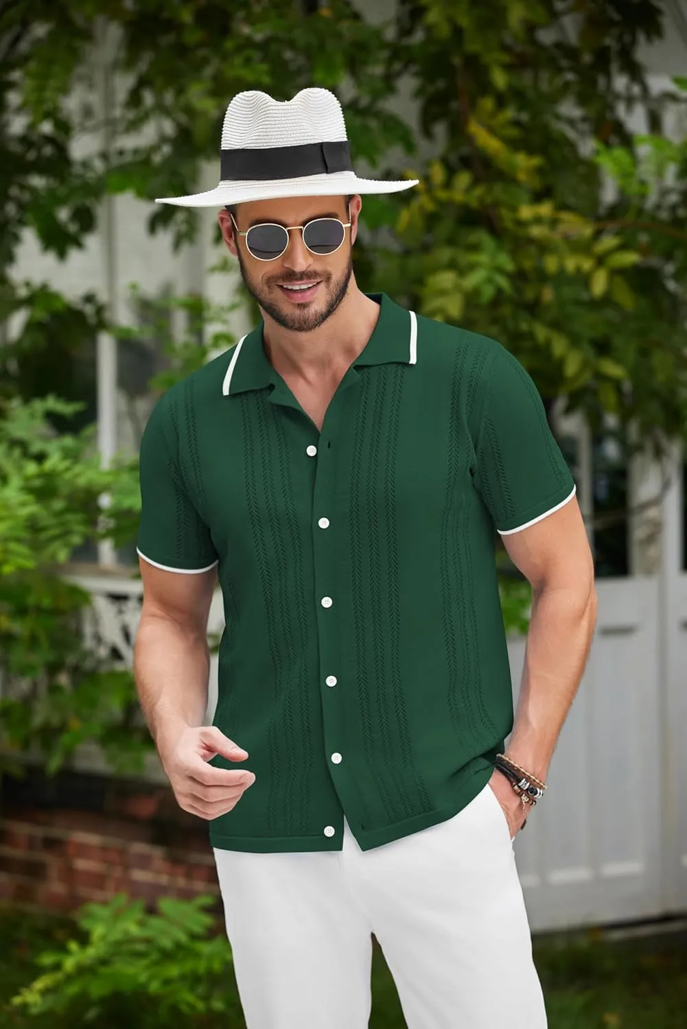 COOFANDY Men's Knit Button Down Shirt Vintage Short Sleeve Polo Shirts Casual Beach Tops