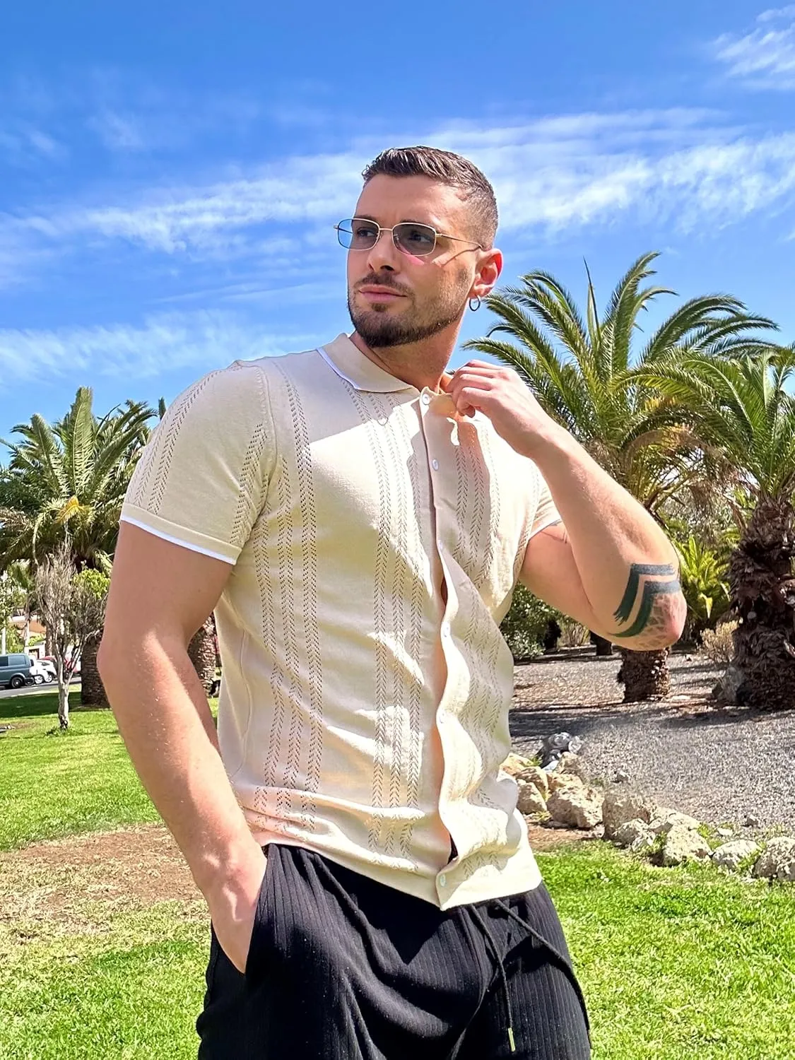COOFANDY Men's Knit Button Down Shirt Vintage Short Sleeve Polo Shirts Casual Beach Tops