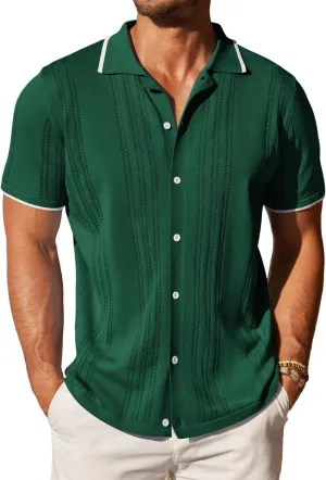 COOFANDY Men's Knit Button Down Shirt Vintage Short Sleeve Polo Shirts Casual Beach Tops