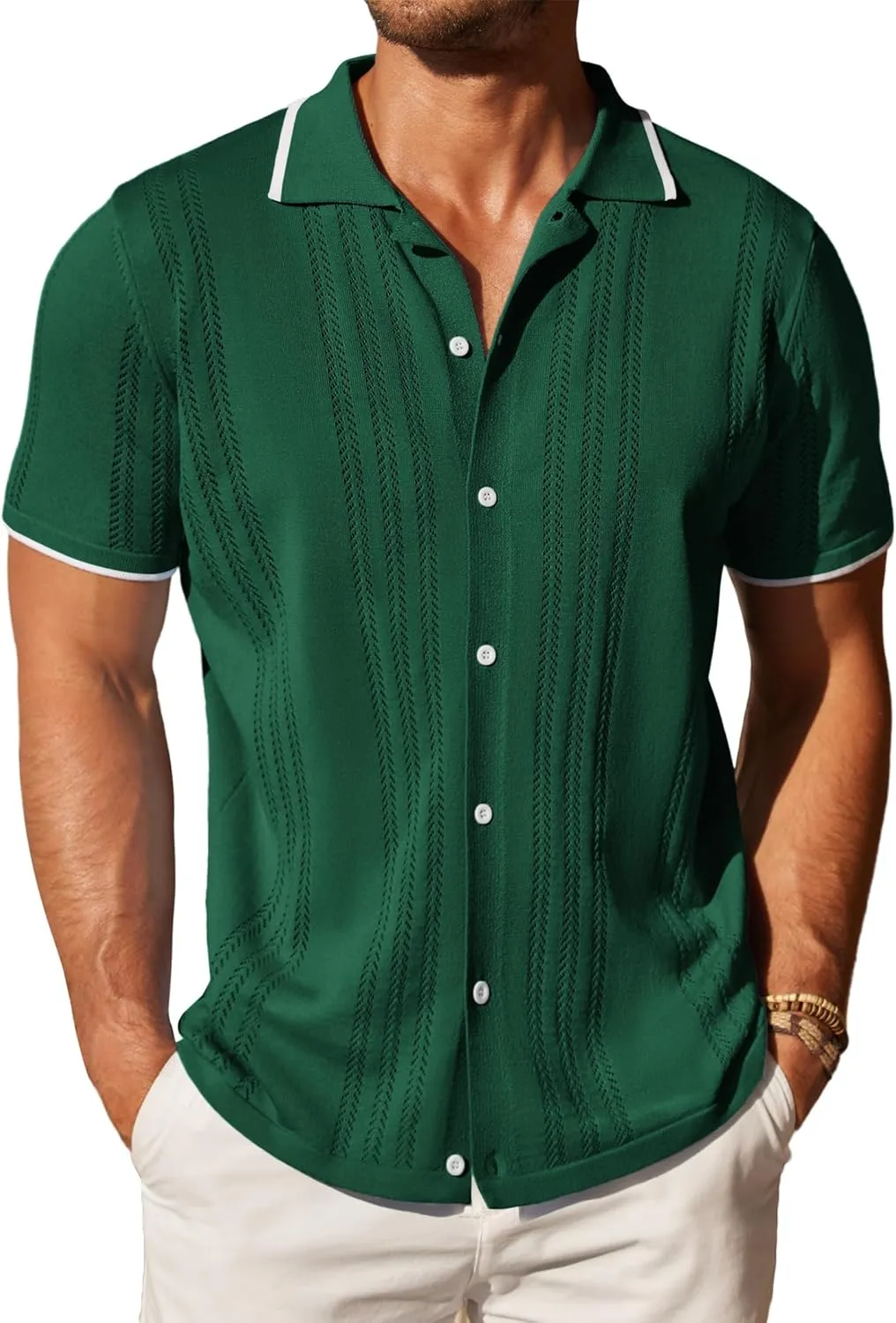 COOFANDY Men's Knit Button Down Shirt Vintage Short Sleeve Polo Shirts Casual Beach Tops