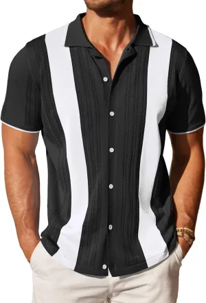 COOFANDY Men's Knit Button Down Shirt Vintage Short Sleeve Polo Shirts Casual Beach Tops