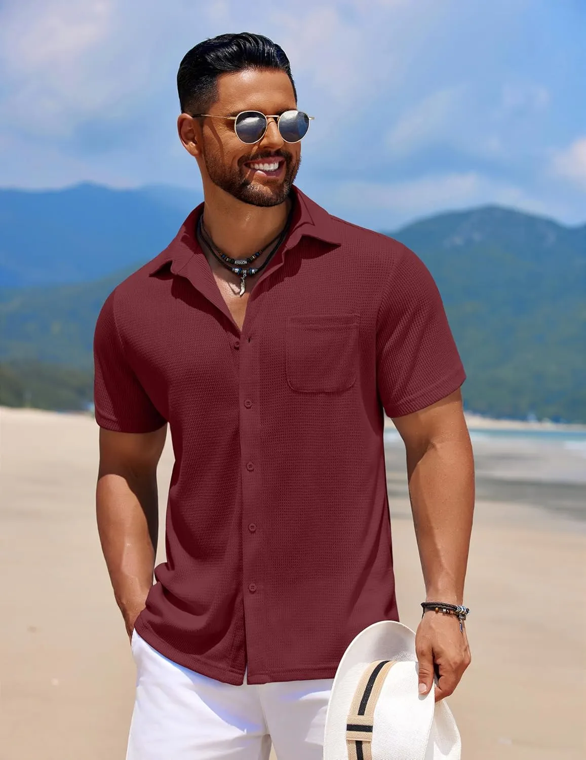 COOFANDY Men's Knit Button Down Shirts Casual Short Sleeve Polo Shirt Summer Beach Shirts with Pocket