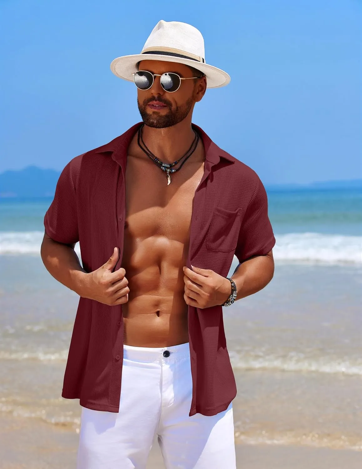 COOFANDY Men's Knit Button Down Shirts Casual Short Sleeve Polo Shirt Summer Beach Shirts with Pocket
