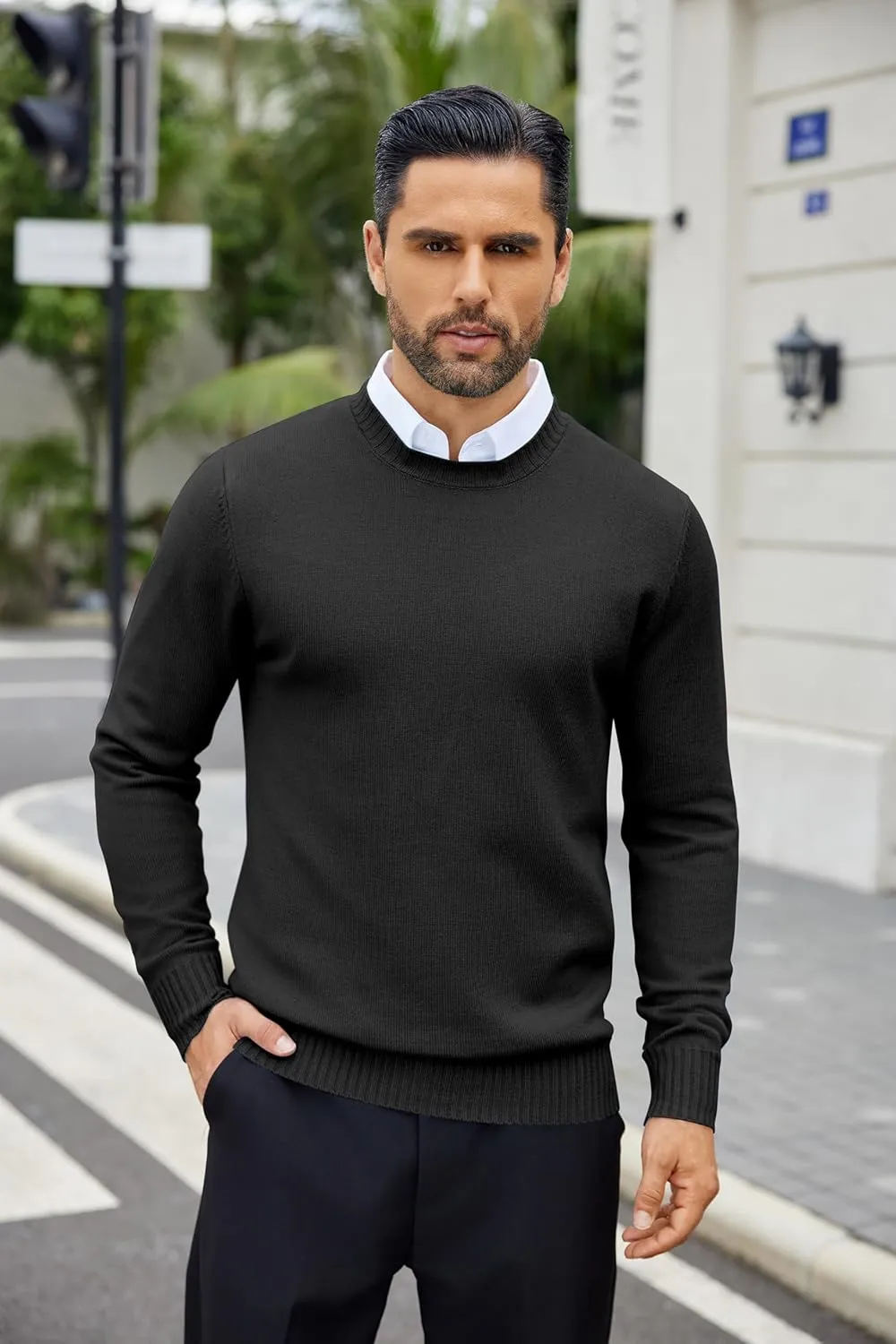 COOFANDY Mens Knit Dress Sweater Crewneck Long Sleeves Slim Fit Sweaters Business Casual Ribbing Pullover Tops