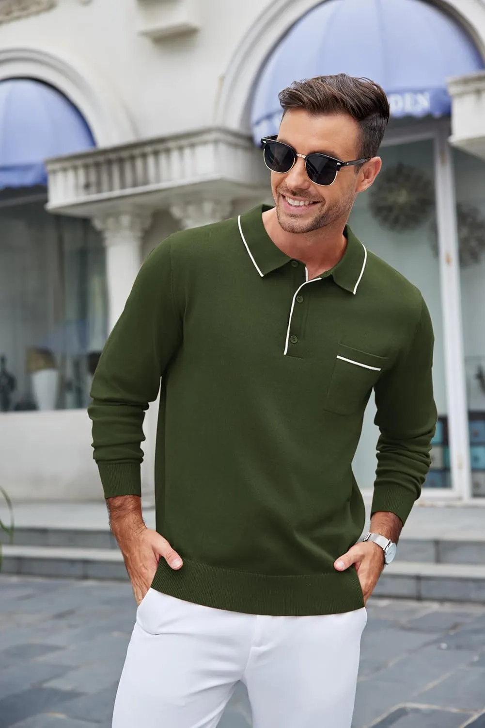 COOFANDY Mens Knit Polo Long Sleeve Collared Sweater Polo Business Casual Polos with Pocket