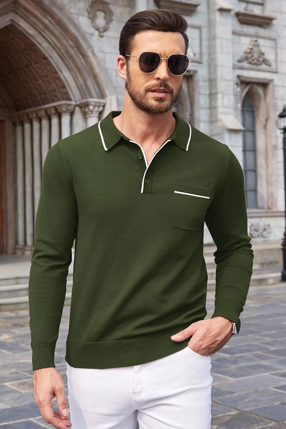 COOFANDY Mens Knit Polo Long Sleeve Collared Sweater Polo Business Casual Polos with Pocket